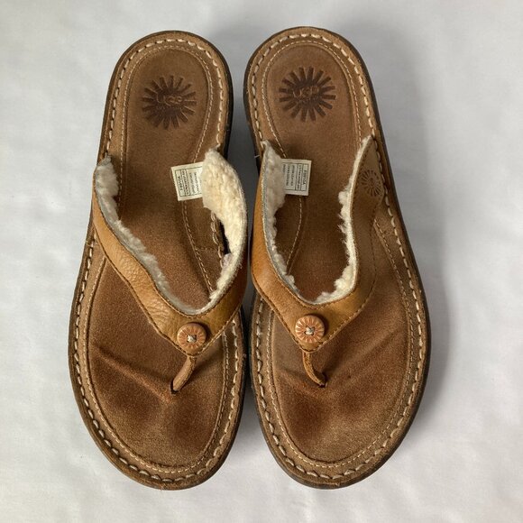 UGG Hamoa 1791 Sheepskin Lining Women Flip Flop Thong Sandals Brown Size 8 - Picture 1 of 13